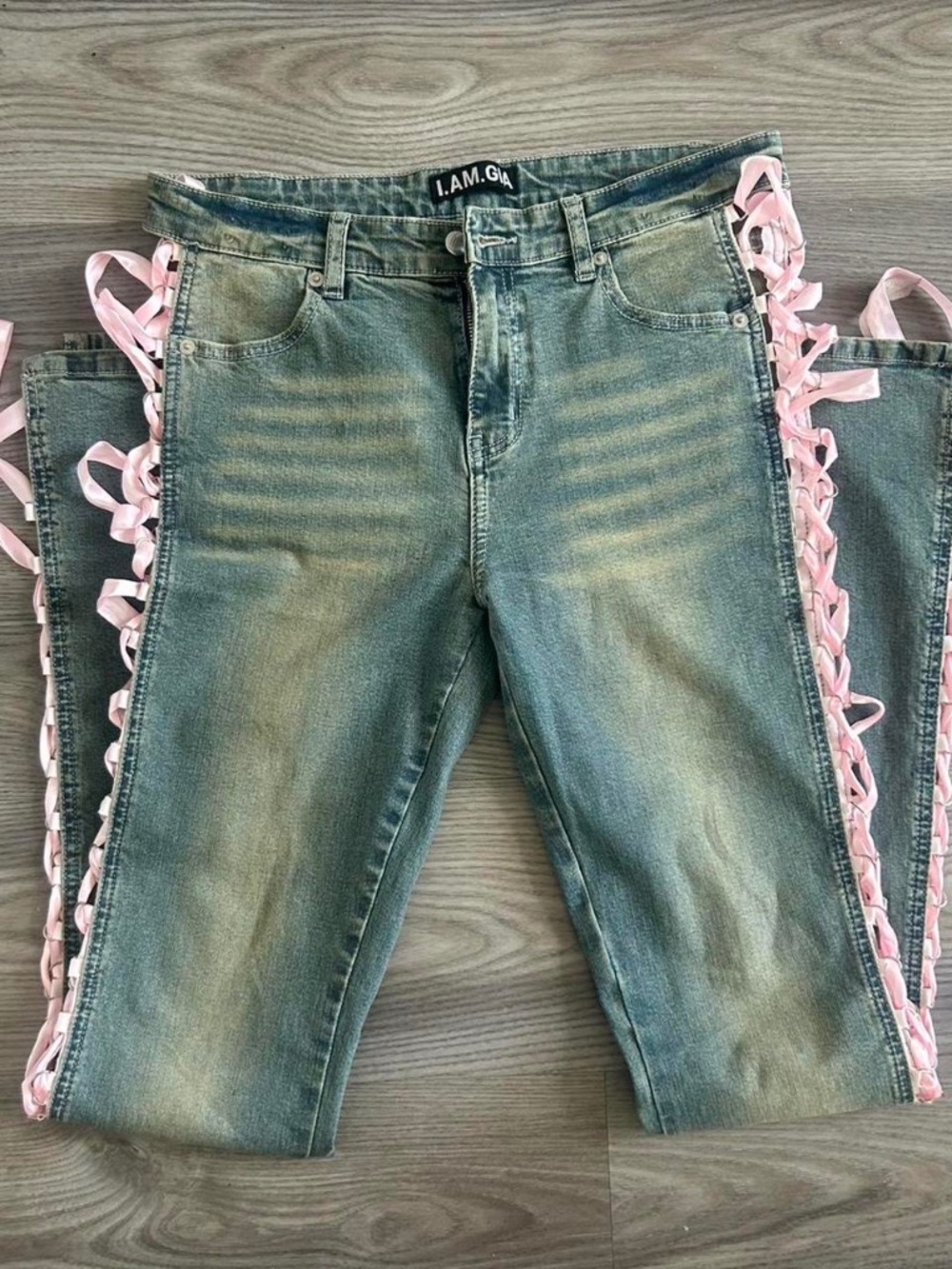 I.AM.GIA Posie Jeans with Pink Satin Ribbon Lace-Up Sides